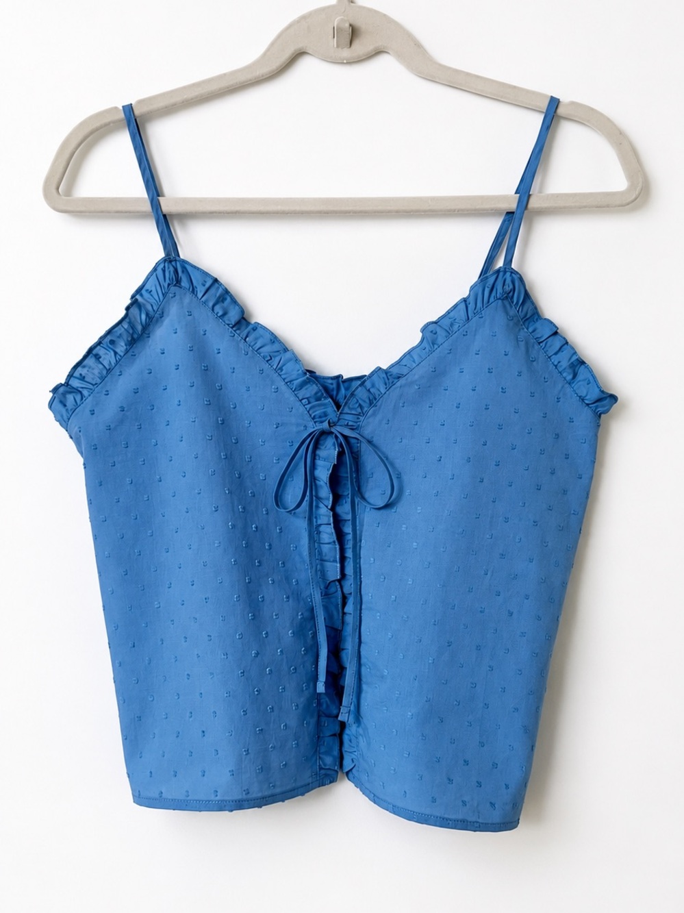 Colsie Blue Swiss Dot Tie Front Cami Top Size S Ruffle Cotton Lounge Casual